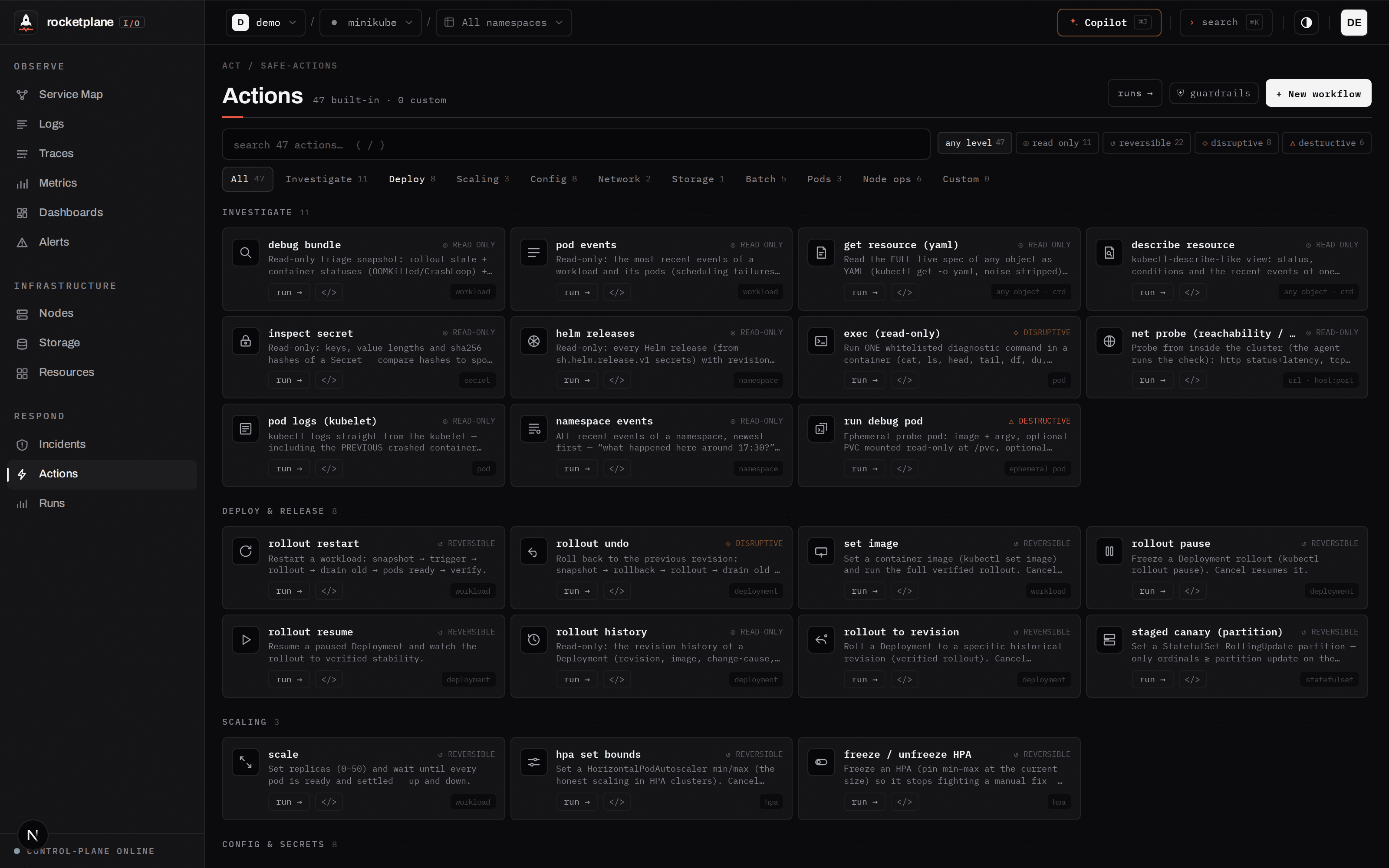 The action catalog, searchable and grouped by category, every action carrying a risk grade