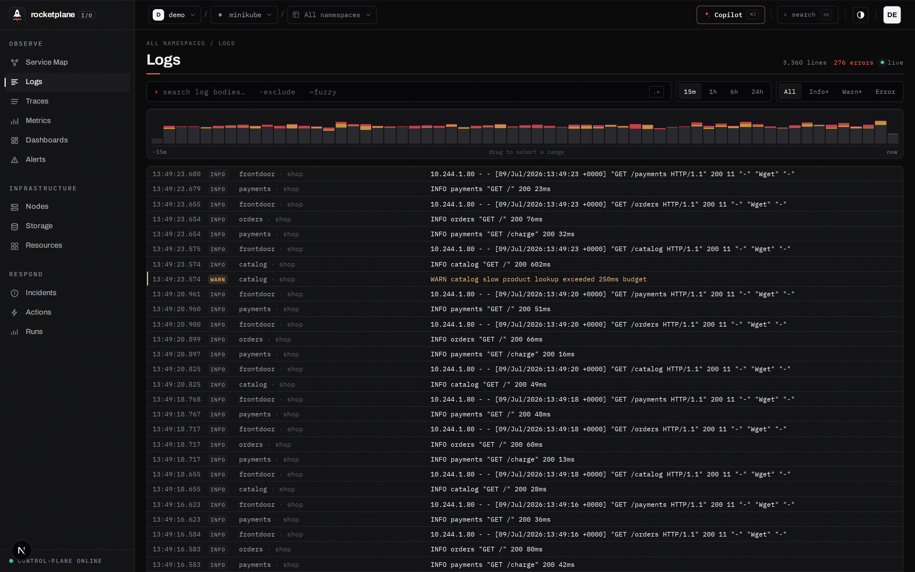 Log stream with severity histogram
