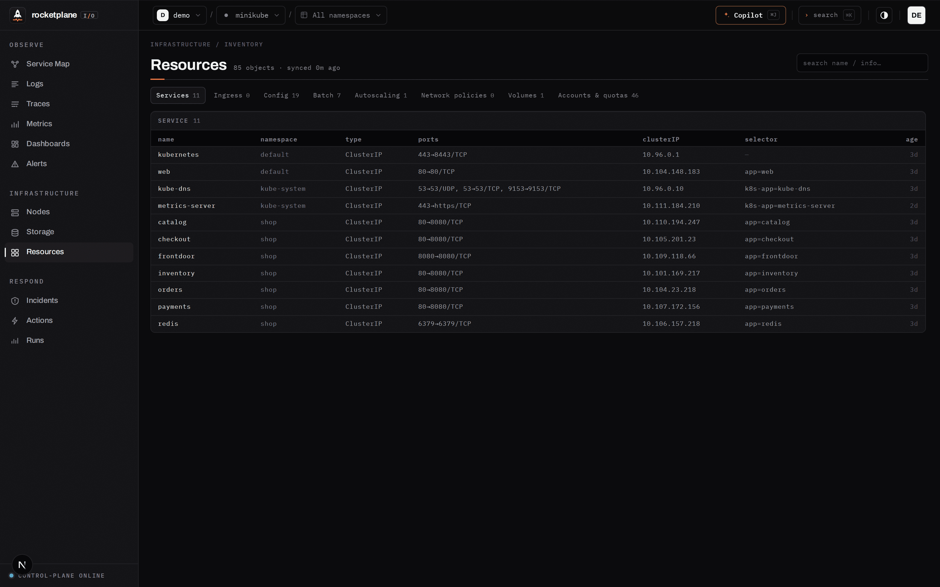 Full Kubernetes inventory, tabbed by resource kind